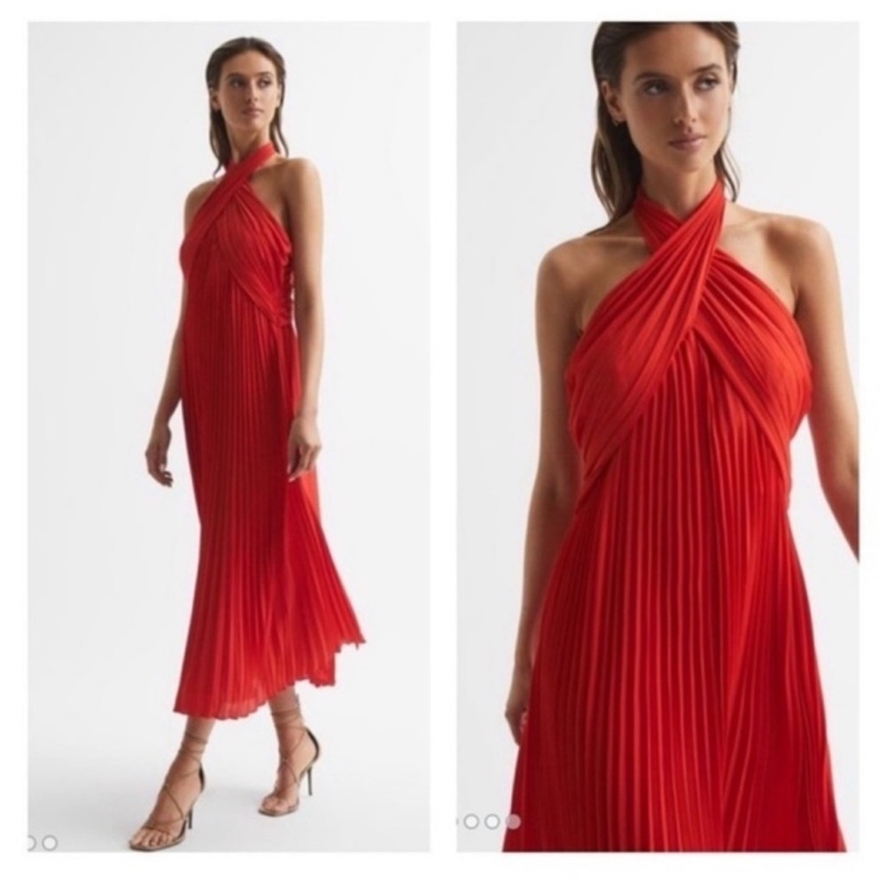 Reiss Red Pleated Halter Dress